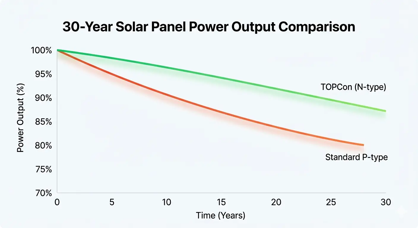 Графік деградації потужності панелей P-type та N-type (TOPCon) за 30 років